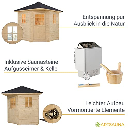 Artsauna Gartensauna Eldur mit 8 kW Ofen, Beleuchtung & Zubehör - Saunahaus aus Fichtenholz - Außensauna für 5 Personen - Outdoor Sauna 200x200x256 cm