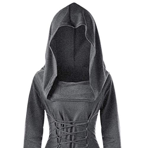 chuangminghangqi Renaissance Kostüm Damen Robe zum Schnüren Mittelalter Kleid mit Kapuze Langarm Retro Gothic Cosplay Halloween Karneval (S, Grau)