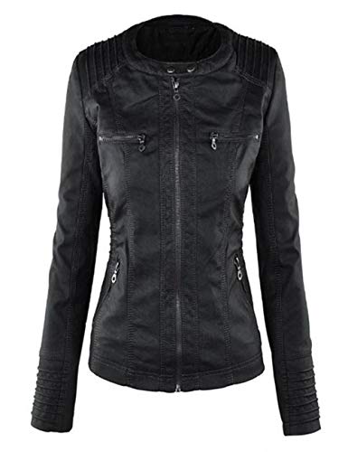 Seamido Lederjacke Damen Herbst Winter Motorrad Jacke Bomberjacke Bikerjacke mit Reißverschluss Kapuzen Übergangsjacke(Schwarz, L)