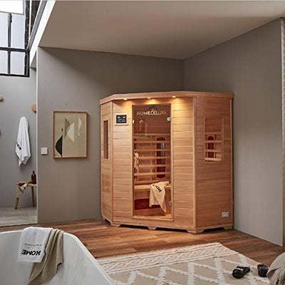 Home Deluxe – Infrarotkabine – REDSUN XXL Deluxe - Vollspektrumstrahler und Karbon-Flächenstrahler – Holz: Hemlocktanne - Maße: 150 x 150 x 190 cm I Infrarotsauna für 3-4 Personen, Wärmekabine