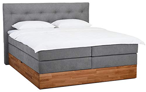 Belanoti MARBO Boxspringbett 180x200 mit Bettkasten 7-Zonen Taschenfederkern Matratze inklusive Visco Topper Bett 180x200 Eiche in der Farbe Hellgrau H2/H3 Polsterbett mit Massivholz Eiche