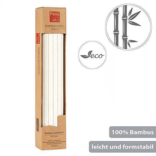 PANA Bambus Badematte • Bambusmatte waschbar • Holz Läufer Badezimmer • 100% Bambus • Größe: 50x80cm • Farbe: Weiß