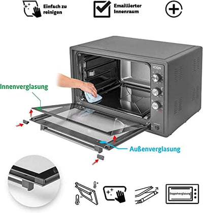 ICQN 60 Liter XXL Minibackofen, 1800 W, Umluft, Pizza-Ofen, Doppelverglasung, Drehspieß, Timer, inkl. Backblech Set, Elektrischer Mini Ofen, 40°-230°C, Emailliert, Inox Grau