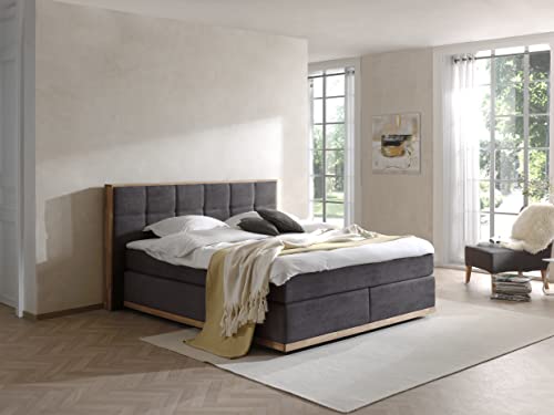 Mivano Levana Boxspringbett mit Sockel aus Eiche, 7-Zonen-Federkern, Matratzen H3 + Topper Premium, Mikrofaser, Anthrazit, Liegefläche 180 x 200 cm