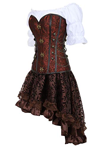 Grebrafan Steampunk Taillen Corsage Kostüm mit asymmetrischer Spitzenrock und Bluse - für Karneval Fasching Halloween (EUR(32-34) S, Braun)