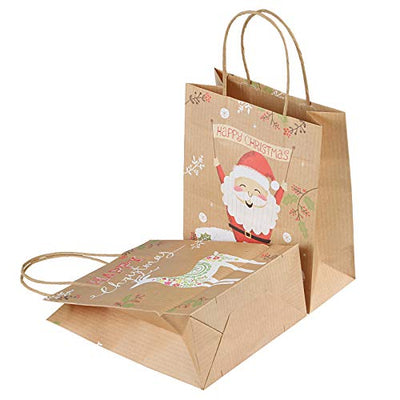 GWHOLE 12 Stück Papiertüten Weihnachten Geschenktüten mit Henkel Braun Kraftpapier für Geschenke Mitgebsel Süßigkeiten Party