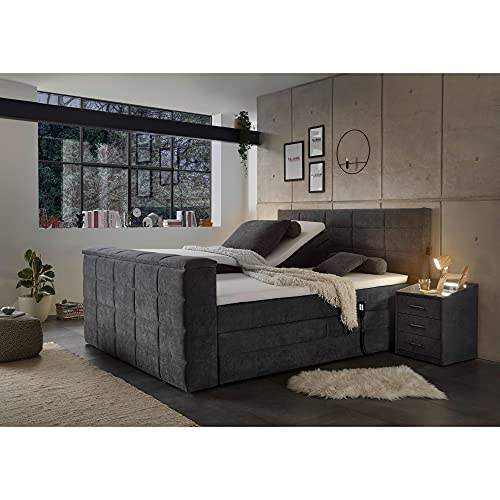 DENVER 6 Boxspringbett 180x200 elektrisch verstellbar, Anthrazit - Bequemes Doppelbett mit motorisierter TV-Halterung - 202 x 123 x 240 cm (B/H/T)