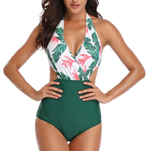 Misolin Damen Badeanzug Neckholder V-Ausschnitt Rückenfrei Einteiliger Bademode Bauchweg Cutouts Strandbikini Grün M