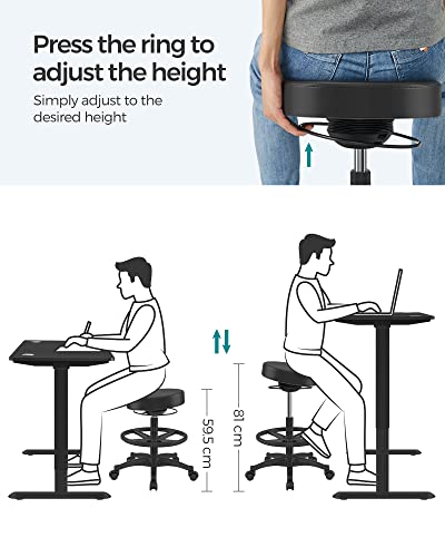 SONGMICS Bürohocker, ergonomischer Arbeitshocker, Sitzhocker, 360° Drehstuhl, höhenverstellbar, 59,5-81 cm, verstellbare Fußstütze, schwarz OSC007B01