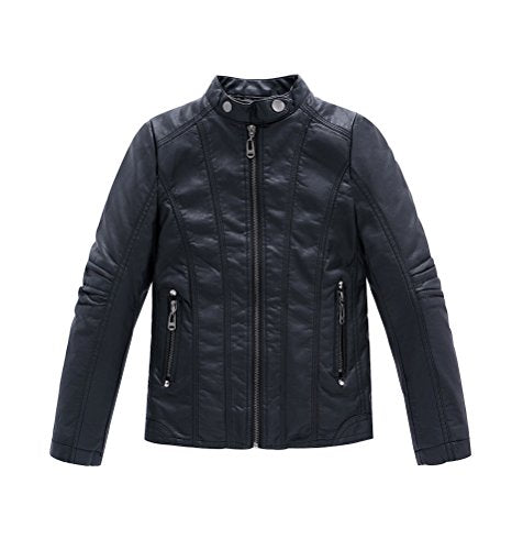 YoungSoul Jungen Bikerjacke aus Kunstleder Frühjahr & Herbst Kinder Kragen Motorrad Lederimitat Mantel Gesteppt Schwarz DE: 140 (Herstellergröße 140)