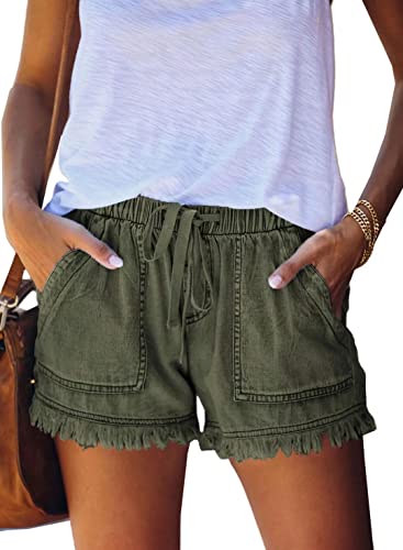 QAKEHU Damen Casual Ripped Denim Shorts Mittlere Taille Kurze Jeanshose mit Taschen NZ-Green L