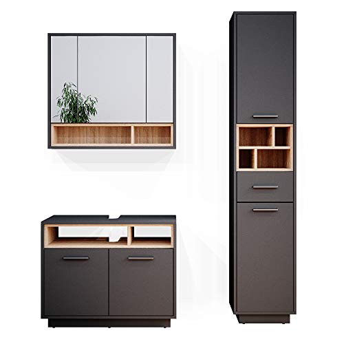 Vicco Badmöbel Set Beatrice Spiegelschrank Waschtischunterschrank Badschrank (3er-Set, Anthrazit-Sonoma)