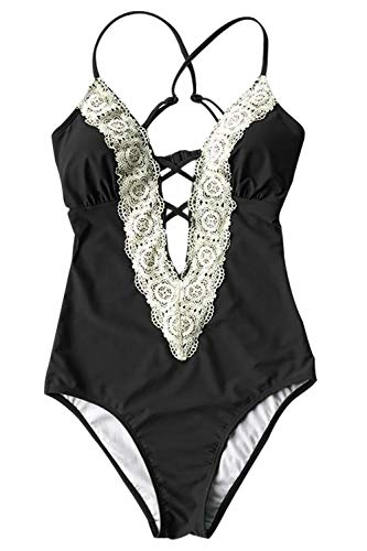 CUPSHE Damen Badeanzug Tiefen V Kreuzgurte Vintage Spitzeneinsatz Bademode One Piece Swimsuit Schwarz M