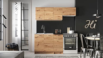 Küche Mela 180/120 cm, Küchenblock/Küchenzeile, 5 Schrank-Module frei kombinierbar (Artisan Eiche/Schwarz)