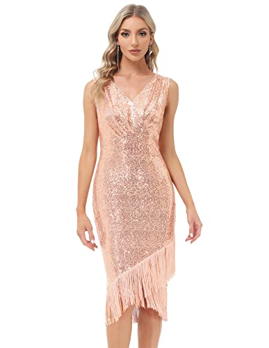 Belle Poque 1920er Jahre Kleid Damen Pailletten Ärmellos V-Ausschnitt Wickelsaum mit Fransen Rockabilly Abendkleid Etuikleid Rose Gold M