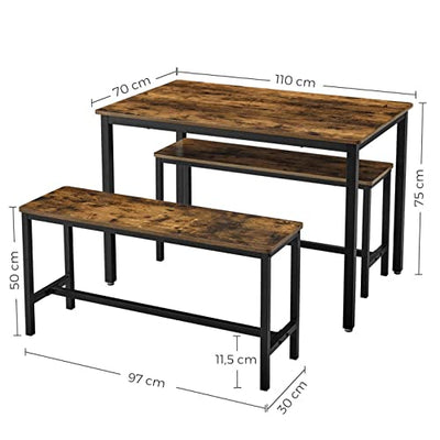 VASAGLE Esstisch, Küchentisch-Set, 110 x 70 x 75 cm, mit 2 Bänken je 97 x 30 x 50 cm, Metallgestell, für Küche, Wohnzimmer, Esszimmer, Industrie-Design, vintagebraun-schwarz KDT070B01