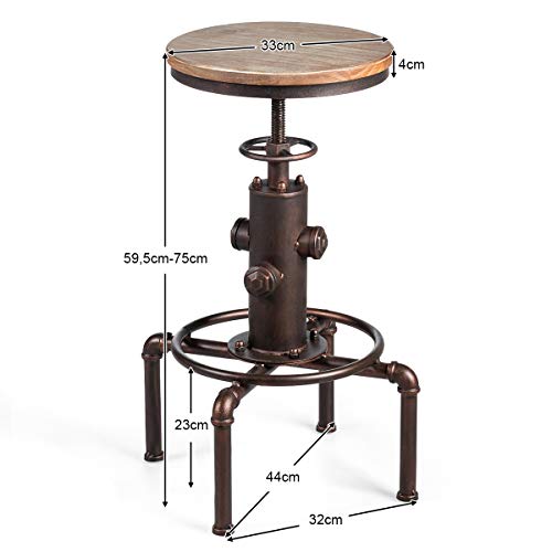COSTWAY Barhocker höhenverstellbar 2er Set, 59,5-75 cm, Barstuhl aus Holz und Metall, Tresenhocker mit Fußstütze, Kiefer Platte, Vintage Bistrohocker, Industrie-Hocker Küchenhocker für Bar Küche