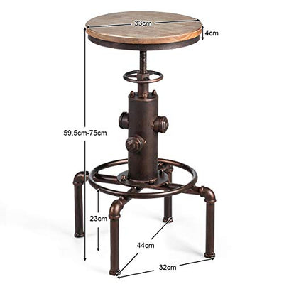 COSTWAY Barhocker höhenverstellbar 2er Set, 59,5-75 cm, Barstuhl aus Holz und Metall, Tresenhocker mit Fußstütze, Kiefer Platte, Vintage Bistrohocker, Industrie-Hocker Küchenhocker für Bar Küche