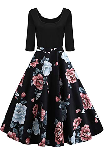 AXOE Damen Rockabilly Kleid Langarm 60er Jahre mit Blumenmuster Partykleid Farbe 6B, Gr.36, S