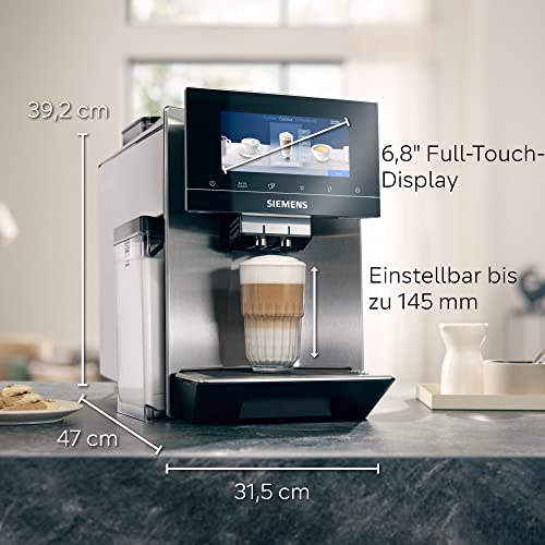 Siemens Kaffeevollautomat EQ900 TQ907D03, App-Steuerung, Full-Touch Display, Barista-Modus, Geräuschreduzierung, bis zu 10 Profile, automatische Dampfreinigung, 2 Bohnenbehälter, 1500 W, edelstahl