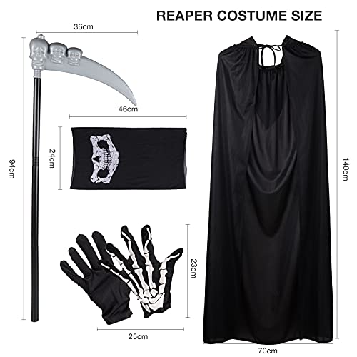 Herefun Sensenmann Kostüm, Halloween Kostüm Sensenmann mit Sense Schädelmaske Kostüme Set für Erwachsene Halloween Dekoration Cosplay Sensenmann Schwarz Umhang mit Kapuze