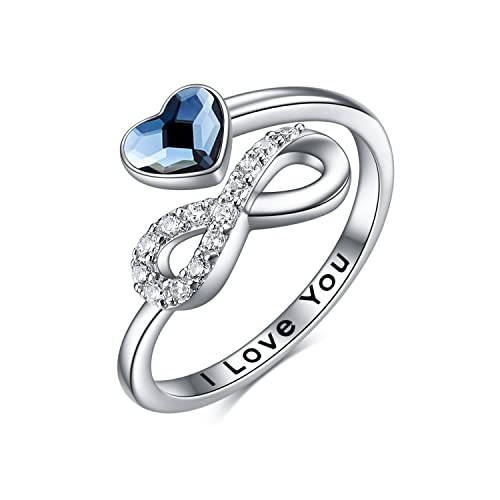 Toupop Unendlichkeit Ringe Für Damen 925 Sterling Silber Ringe Für Frauen Ich liebe dich Ring mit blauen Kristall Schmuck Geschenke Für Frauen Weißgold Überzogene Einstellbare Ring für Mädchen Mama