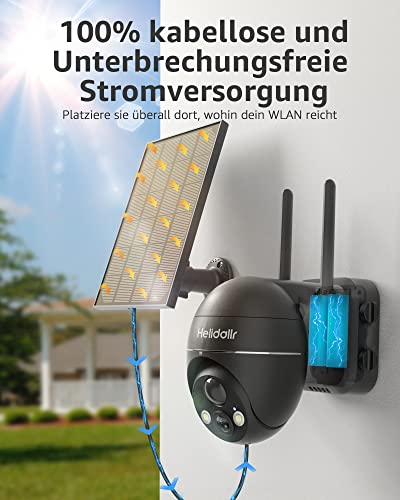 Helidallr 2K Überwachungskamera Aussen Akku mit WLAN und Solarpanel, 4dBi Überwachungskamera Aussen WLAN Solar Kabellos mit 15000mAh Akku, 355°/120° Schwenkbar, Ip PTZ-Kamera Outdoor, Zwei-Wege-Audio