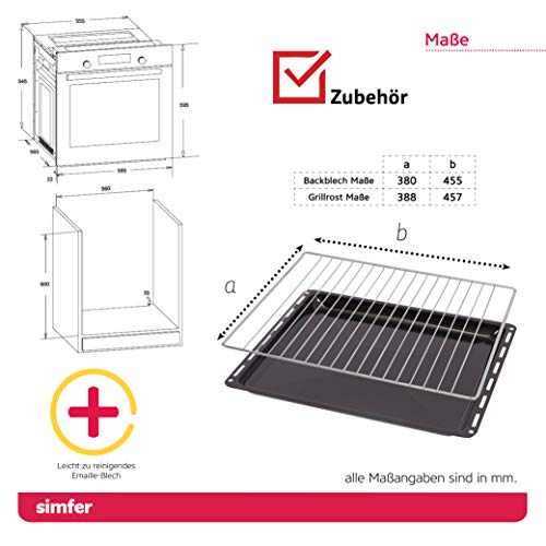 Simfer Einbau-Backofen 60 cm BO 6019, 62 L, 3 Funktionen, Backraumbeleuchtung, 2-fach Verglasung, Emaillierter Garraum, Kühlgebläse, 2 Jahre Garantie