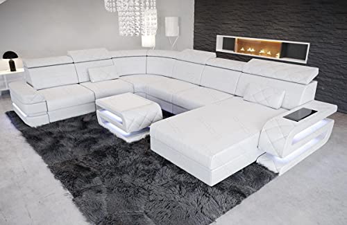 XXL Sofa Bologna Wohnlandschaft in Leder mit USB-Anschluss Beleuchtung Stauraum Ledersofa mit Kopfstützen im modernen Design (Ottomane rechts (auf Sofa blickend), White)