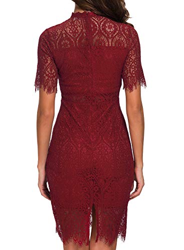 Zalalus Damen Elegant High Neck Kurzarm Spitze Cocktail Party Kleid - Rot - 38