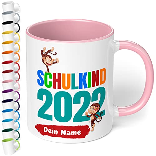 Geschenk zur Einschulung für Mädchen und Jungen: personalisierte Tasse "Schulkind 2022" mit Namen (Rosa)