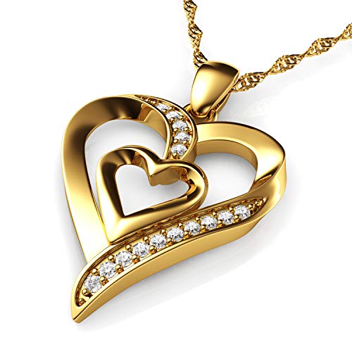 DEPHINI Gold Halskette - Gelb Hallmarked 18 Karat Gold - Double Love Herz Anhänger mit CZ-Kristallen - Feine Schmuck Frau Halskette - 18 Karat Gold Kette 18 Zoll - A + Zirkonia - Geschenke für Frauen