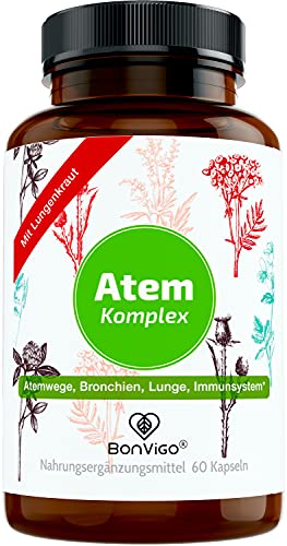 BonVigo® Atem Kapseln mit Lungenkraut - Bessere Rezeptur: Mikronährstoffe für Atemwege, Bronchien, Lunge, Immunsystem, Zellschutz* - 11-Pflanzen-Komplex mit Eukalyptusöl, Salbei, Isländisch Moos (1)