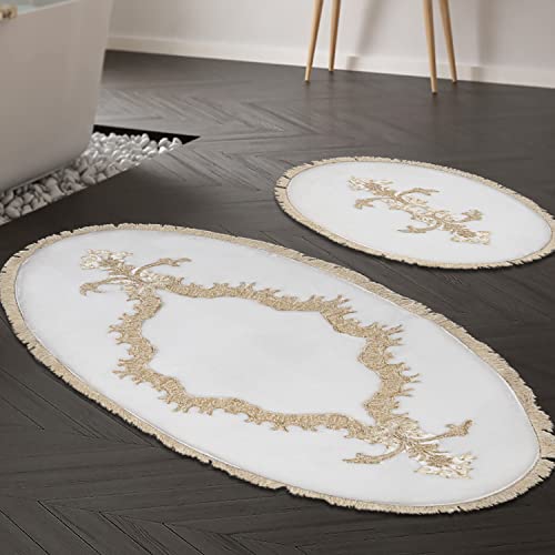 OJOS Badematten-Set 55 x 65 cm (1 Stück) 65 x 115 cm (1 Stück) Creme Anti-Rutsch-Badteppich - Maschinenwaschbare Luxus-Badteppich, Badematten,394ANR1558