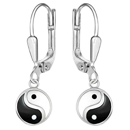 CLEVER SCHMUCK Silberne Damen Yin Yang Ohrringe 25 mm als Ohrhänger schwarz und weiß lackiert glänzend 925 Sterling Silber