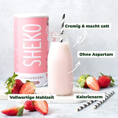 SHEKO Erdbeere Mahlzeitersatz Shake + Shaker - 25 Shakes pro Dose - Proteinreich, Glutenfrei & Natürlicher Geschmack - Diät Shakes zum Abnehmen