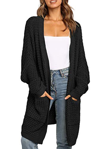 Uusollecy Strickjacke Damen Lang Einfarbige Grobstrick Strickcardigan, Herbst Winter Waffel Strickmantel, Casual Langarm Open Front Sweater Cardigan Outwear mit Tasche Schwarz XL