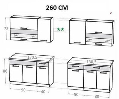 naka24 Küche KAM Schränke Zebrano/Birne Verschiedene Kombinationen (260 cm mit Arbeitsplatten 130 und 130)