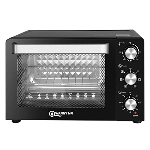 WANNYTON Backofen 30 L, Pizzaofen mit 3 Ebenen 1 Drehspieß-Halter, Minibackofen 6 Modi Umluft, zweilagige Tür, Einbaubackofen mit komplettem Zubehör, 70-230 °C, 0-120 Min. 1500 W, OMOAC03he