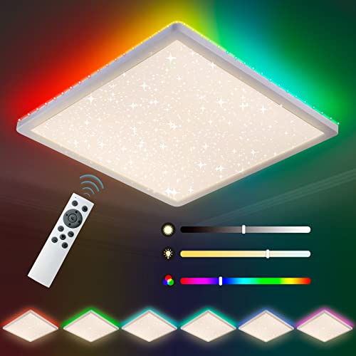 LED Deckenleuchte Sternenhimmel, 24W dimmbare Deckenlampe, 6-farbige Hintergrundbeleuchtung RGB mit Fernbedienung, 3000K-6500K, IP54, ultradünnes quadratisches Panel für Schlafzimmer/Bad/Flur/Küche