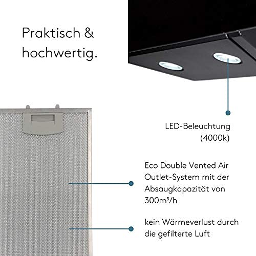 Wiggo Dunstabzugshaube 60cm kopffrei I Abluft Umluft Dunstabzug 300m³/h - LED Touch-Display 3 Stufen I Schräghaube inkl. Fettfilter & 2x Kohlefilter I Abzugshaube mit Glasfront schwarz