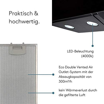 Wiggo Dunstabzugshaube 60cm kopffrei I Abluft Umluft Dunstabzug 300m³/h - LED Touch-Display 3 Stufen I Schräghaube inkl. Fettfilter & 2x Kohlefilter I Abzugshaube mit Glasfront schwarz