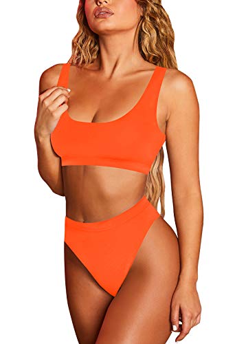 Viottiset Damen Bademode Crop Top Bikini Set Zweiteilige Badeanzug mit Hoher Taille Strandkleidung Bikinihose (L, Orange)