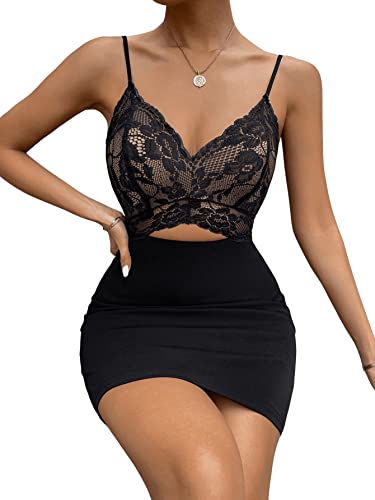 SheIn Damen Spitzen Kleid Partykleid Bodycon Minikleid Spaghettiträger Clubkleid mit V-Ausschnitt Sommer Stretchy Kleider Schwarz M