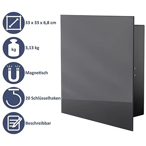 Schlüsselkasten modern mit Glas Magnettafel - Memoboard magnetisch mit 6 Magneten und Stift - Schlüsselschrank groß mit 20 Haken 33x33x6,8cm anthrazit