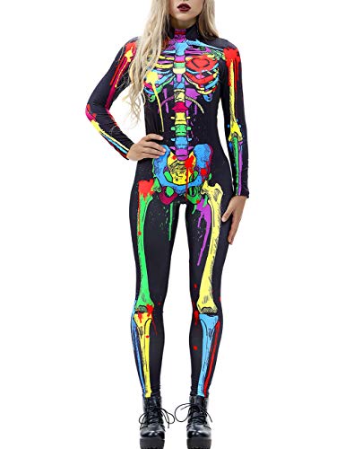 AIDEAONE Halloween Kostüm Damen Knochen Overall Ganzanzug Knochen Skeleton Anzug Karneval Fasching M