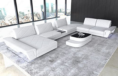 XXL Sofa Wohnlandschaft Bari in Leder Sofa mit USB-Anschluss Kopfstützen LED-Licht Ledersofa Designersofa Couch (Ottomane Links (auf Sofa blickend), Weiss)