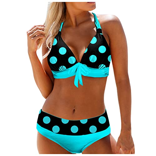 GOKOMO Damen Punkte Bikini Neckholder Sexy Badeanzug mit Cups Bauchweg Bademode Damen Bikini mit Tanga High Waist Bikini Triangel Push Up Sexy Gepolstert Große Größe Swimsuit(XL,Blau)