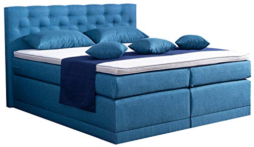 Boxspringbett Johanna Blau, 7-Zonen-Taschenfederkern-Matratze mit Visco Topper Matratzenschoner, 200x200 cm, H2 H3 H4, Doppelbett, Anlieferung und Aufbau kostenlos