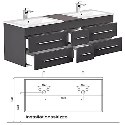 Lomadox Badmöbel Waschtisch Set in anthrazit, Doppel-Waschtisch mit Unterschrank, 2 Waschbecken, 140cm LED-Spiegelschrank